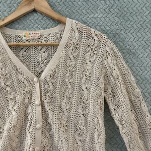 Vintage Handmade Beige Crochet Cardigan Sweater 100% Cotton Button Long Sleeve L